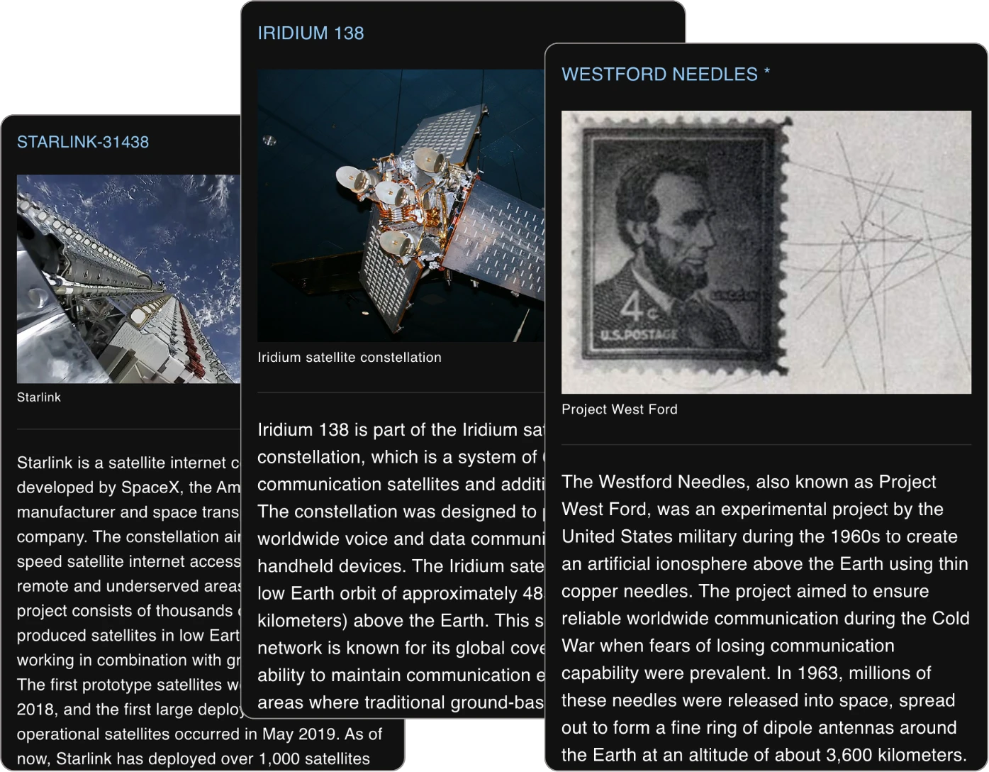 Detailed satellite information including purpose, history, and current status