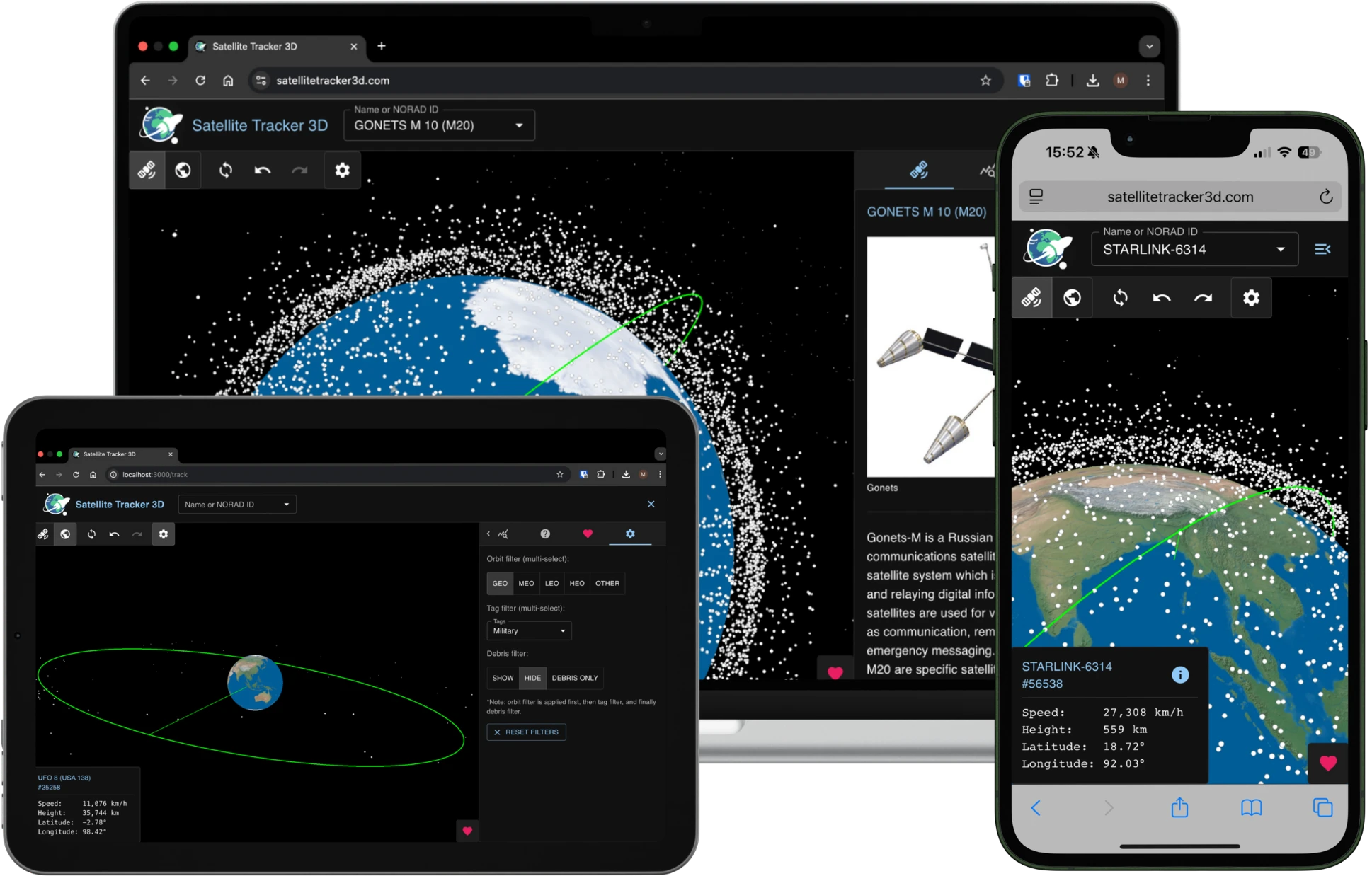 Laptop and mobile mockups showing Satellite Tracker 3D in a browser tab