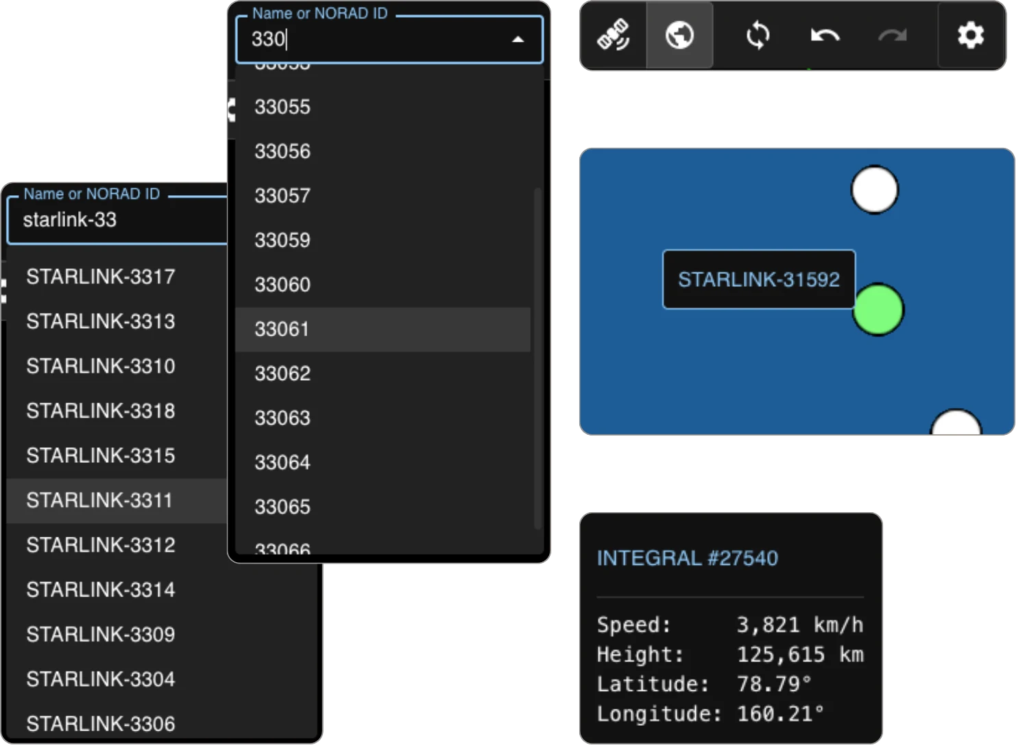 Professional satellite search tools and real-time tracking interface with 3D navigation controls
